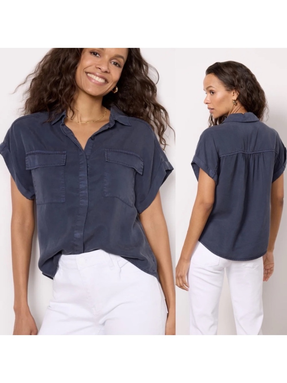 Evereve Navy Lyocell Short Sleeve Sadie Utility Button Up Shirt Size Medium